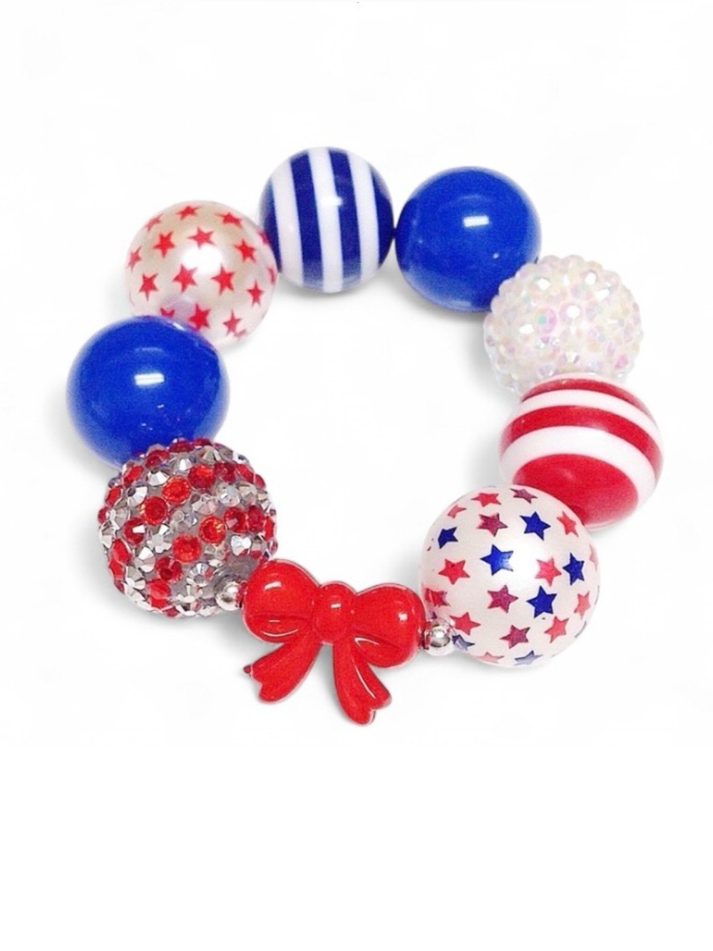 Handmade Patriotic Red White Blue Bubblegum Bracelet Bow Charm Stars USA 250